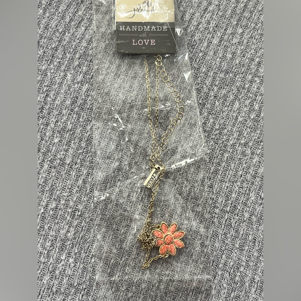 Vintage Jilzarah Signed Gold Tone Pink Flower Chain Necklace